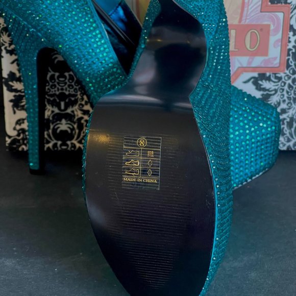 Bordello Teeze Rhinestone Platforms Turquoise Size 8 - Picture 3 of 13